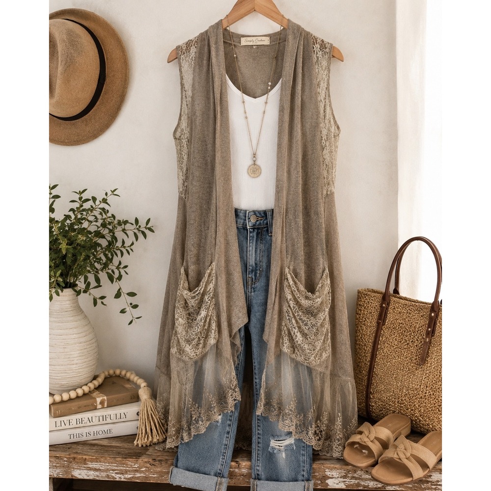 Simply Couture Lace Open Front Duster Vest Taupe Boho Sleeveless Cardigan M